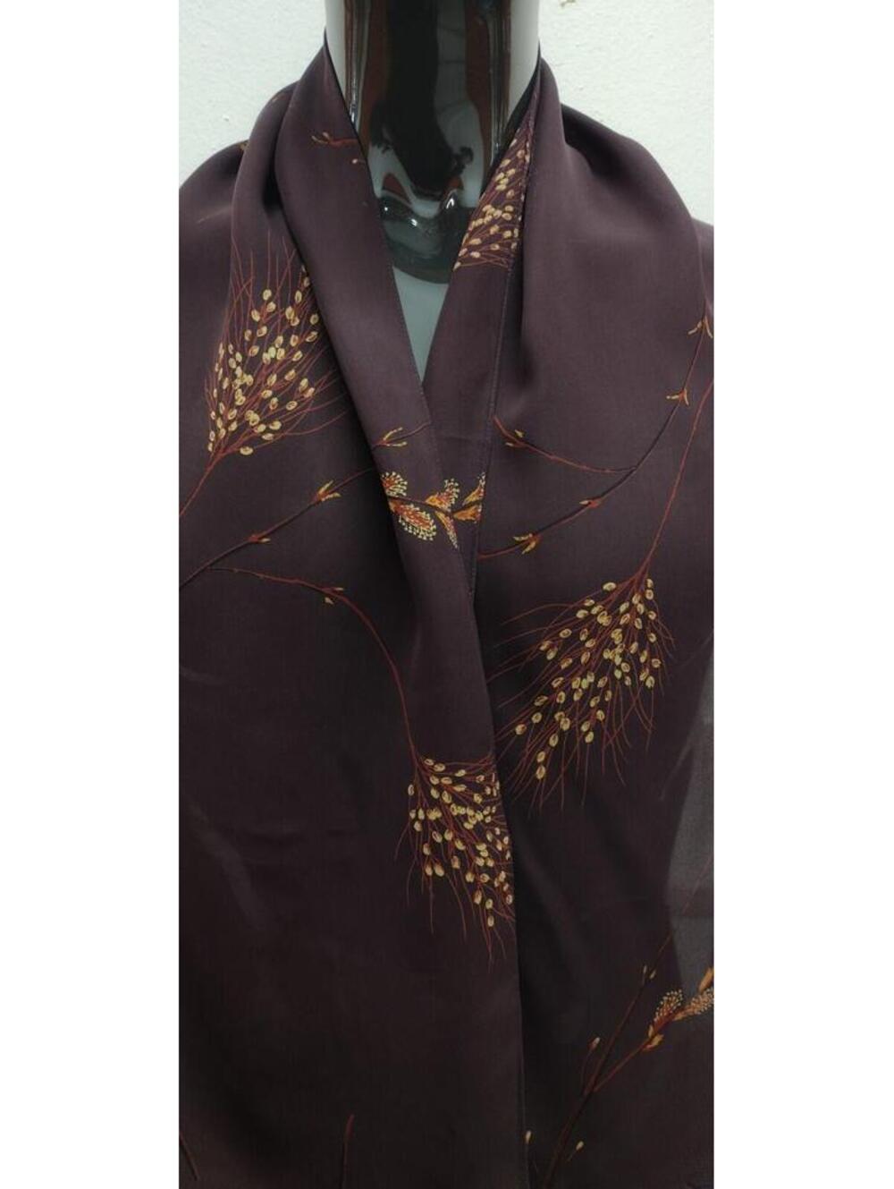 GEORGIOU 100% Silk Wide Long Scarf Wheat Floral Reddish Dark Chocolate Oblong